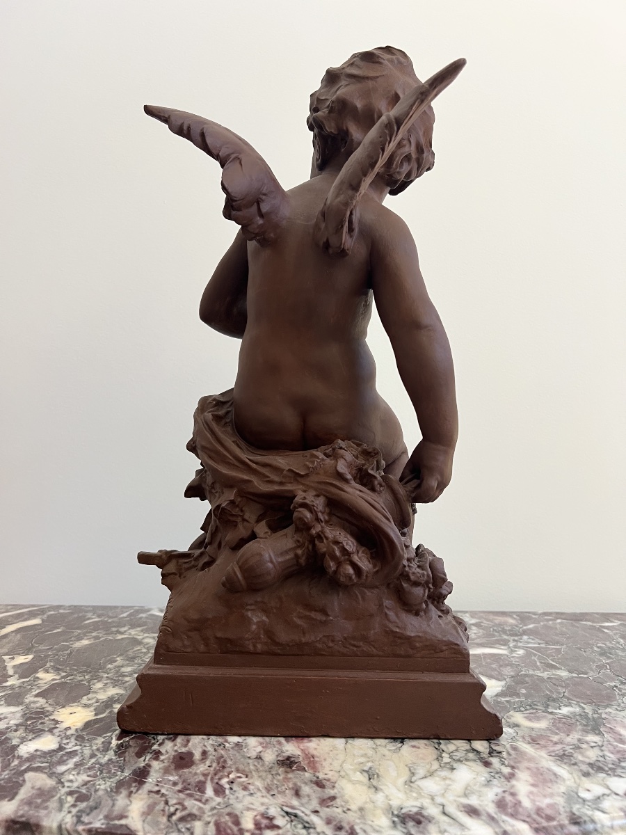 Sculpture de Cupidon en terre cuite signe de  par H. Weigel -photo-1