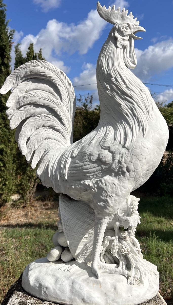 Coq Porcelain Rooster Standing On A Wicker Basket Adorned With Fruit-photo-2