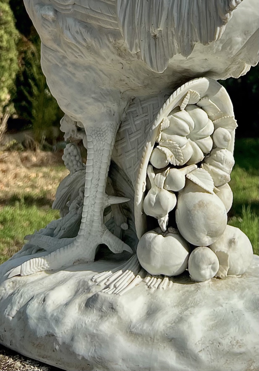 Coq Porcelain Rooster Standing On A Wicker Basket Adorned With Fruit-photo-3