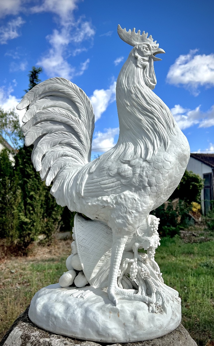 Coq Porcelain Rooster Standing On A Wicker Basket Adorned With Fruit-photo-1