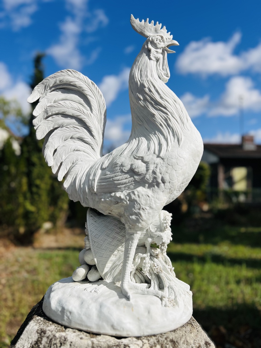 Coq Porcelain Rooster Standing On A Wicker Basket Adorned With Fruit-photo-2