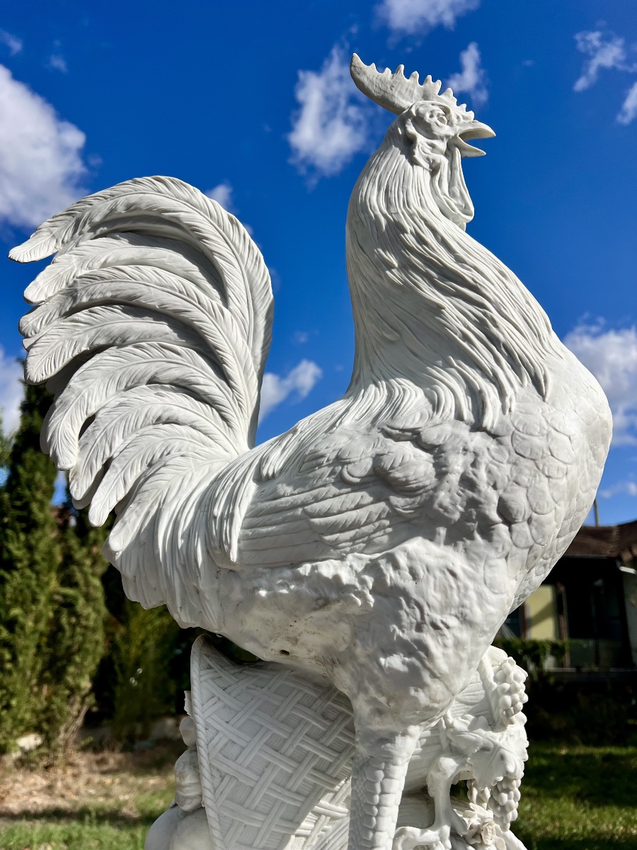 Coq Porcelain Rooster Standing On A Wicker Basket Adorned With Fruit-photo-4