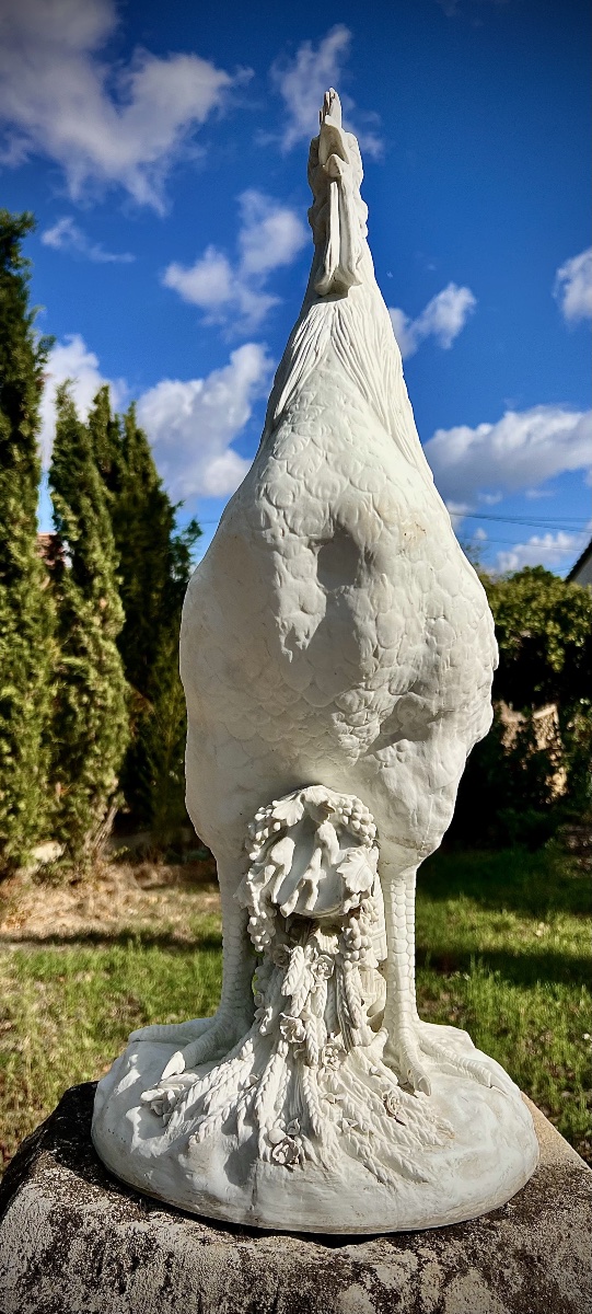 Coq Porcelain Rooster Standing On A Wicker Basket Adorned With Fruit-photo-5
