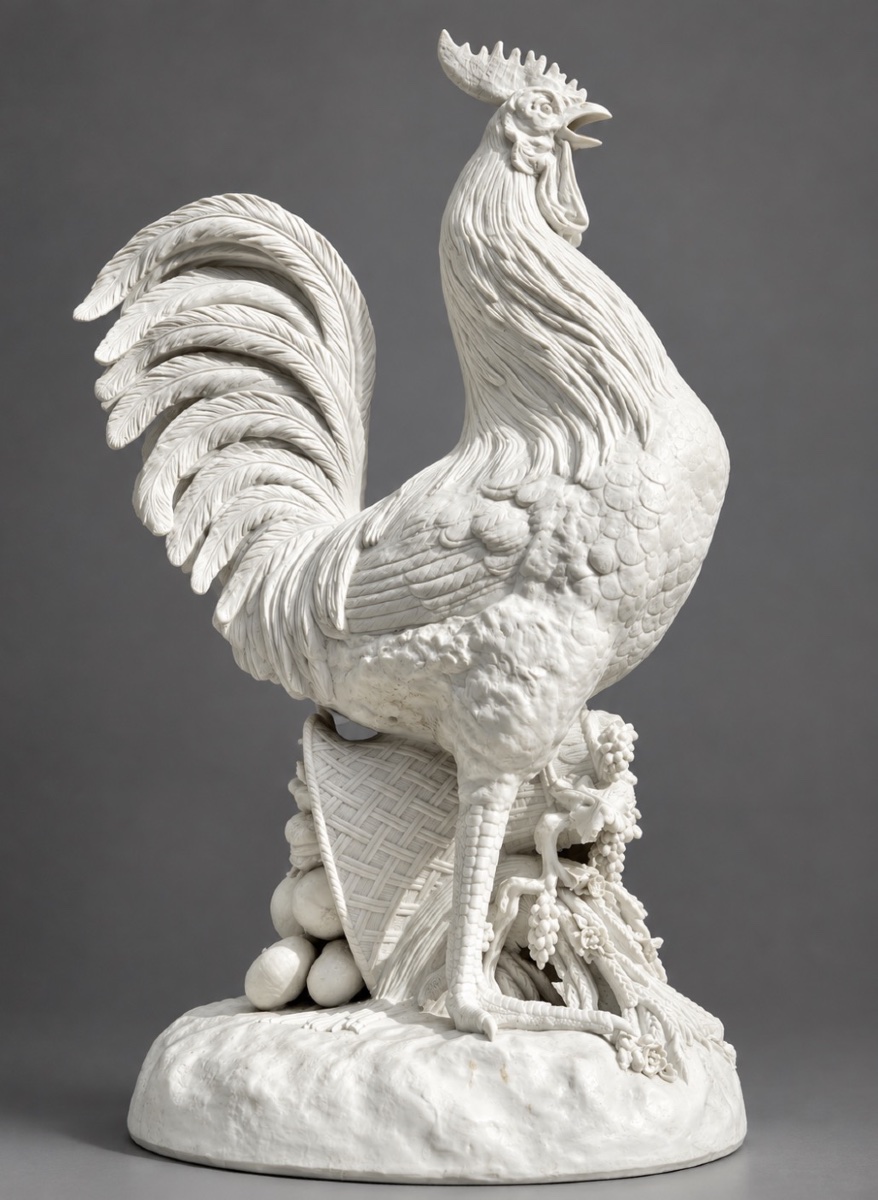 Coq Porcelain Rooster Standing On A Wicker Basket Adorned With Fruit