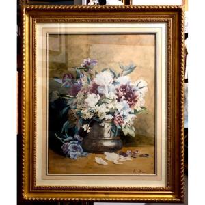 Watercolor Of A Bouquet Of Peonies In A Vase