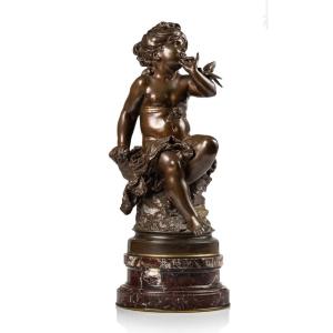 Bronze Young Girl With Bird After Auguste Moreau 