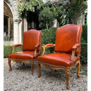 Pair Of Regency Armchairs With Leather Trim