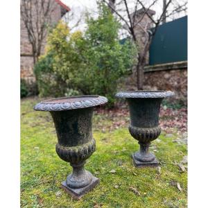 Pair Of Medici Vases On Cast Iron Pedestal