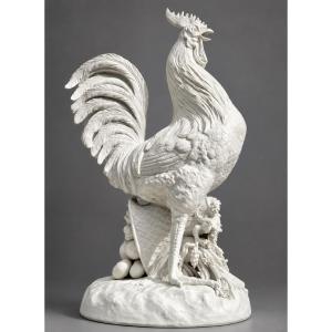 Coq Porcelain Rooster Standing On A Wicker Basket Adorned With Fruit