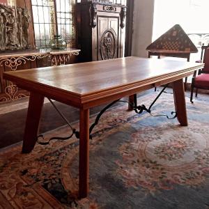 Large Oak And Wrought Iron Table 