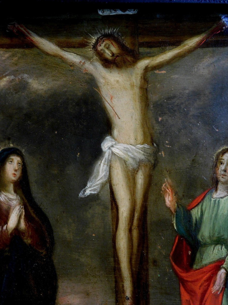 Oil Painting On Copper 17th - 18th Century Virgin Calvary Group Christ Saint John-photo-1