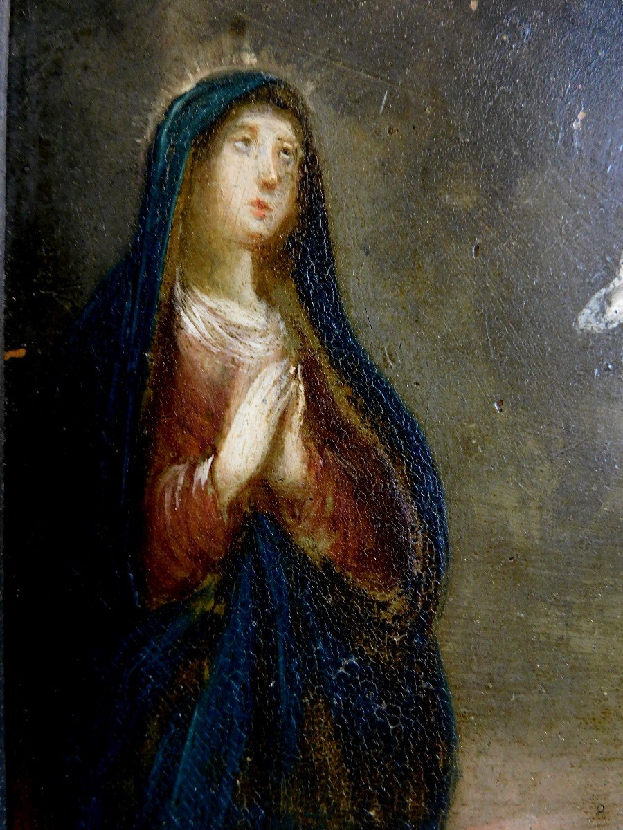 Oil Painting On Copper 17th - 18th Century Virgin Calvary Group Christ Saint John-photo-3
