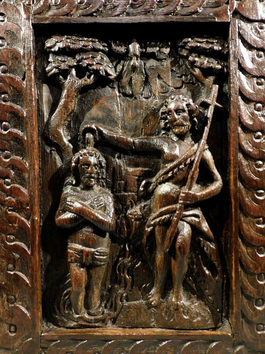 Panneau En Bois Sculpté 17eme Siécle   Bapteme Du Christ  Haute Epoque-photo-3
