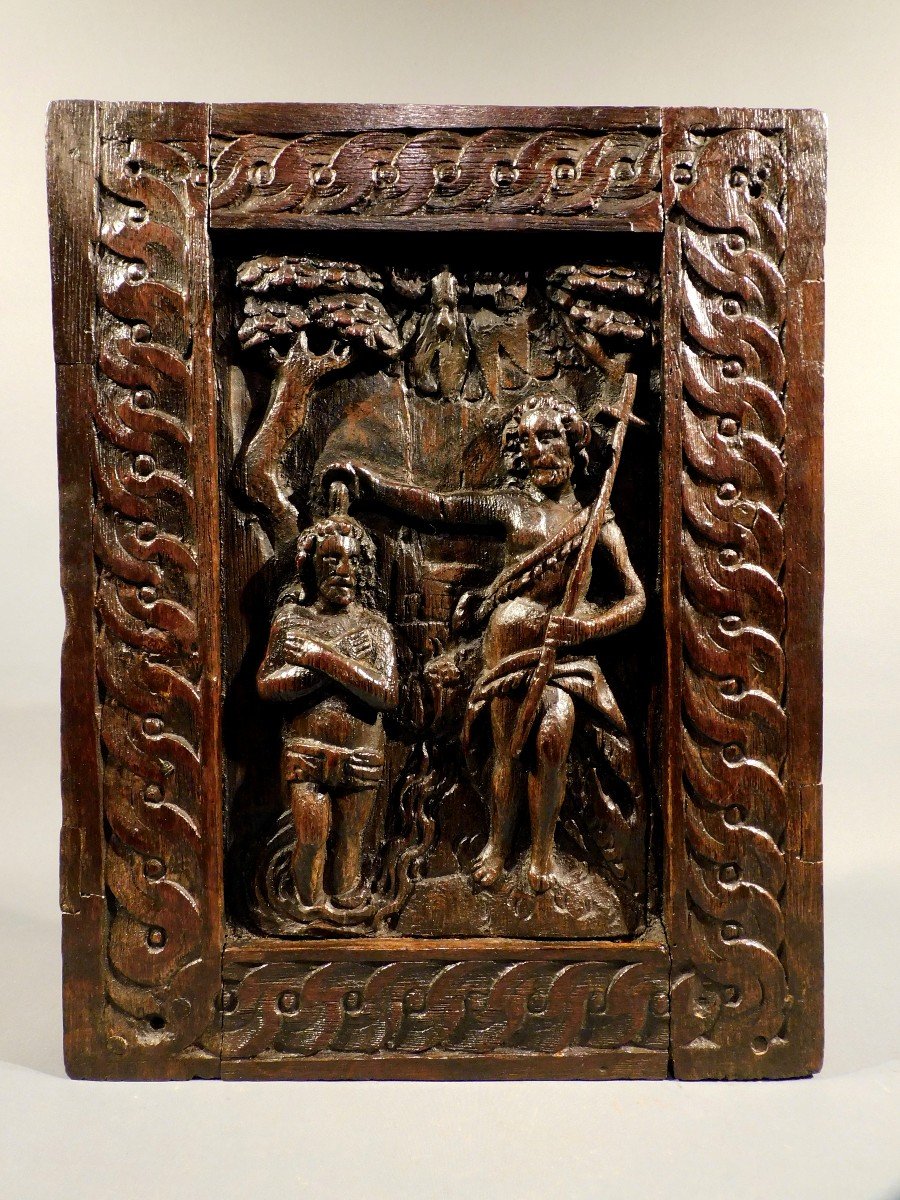 Panneau En Bois Sculpté 17eme Siécle   Bapteme Du Christ  Haute Epoque