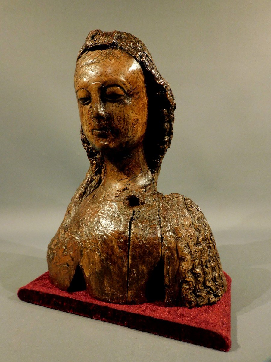 Buste d'une Sainte  ou Vierge En Noyer Sculpté Fin Du 15eme  - Debut 16eme Siécle Haute Epoque-photo-2