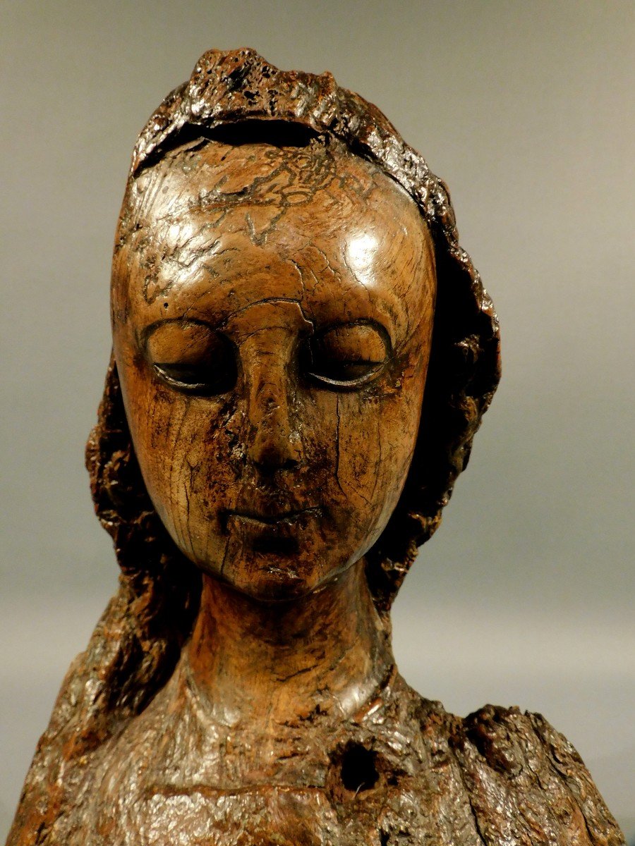 Buste d'une Sainte  ou Vierge En Noyer Sculpté Fin Du 15eme  - Debut 16eme Siécle Haute Epoque-photo-5