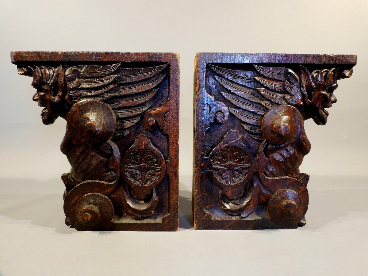 Pair Of Oak Sculptures With Satyr Heads -  19th Century-photo-2