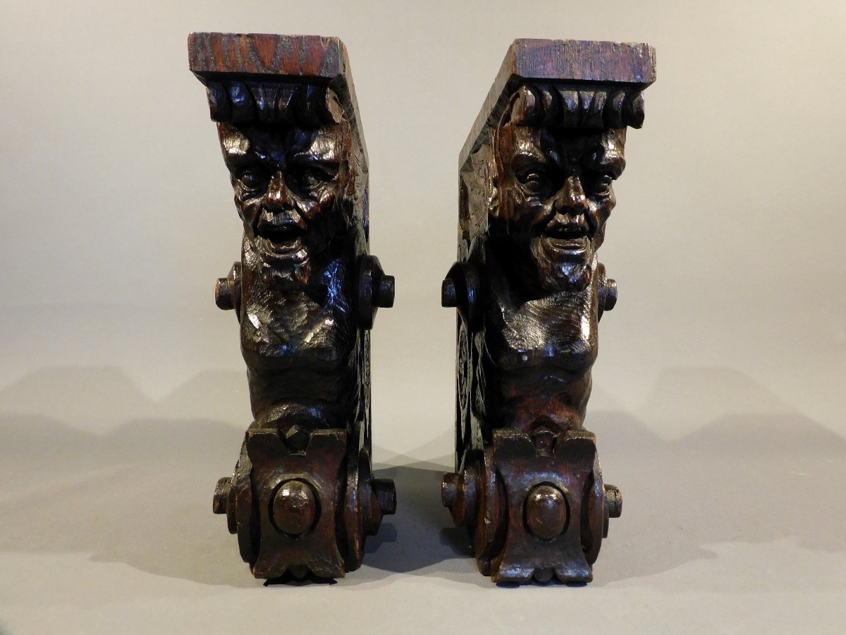 Pair Of Oak Sculptures With Satyr Heads -  19th Century-photo-3