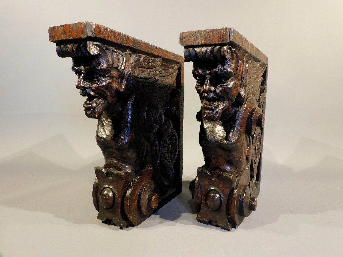 Pair Of Oak Sculptures With Satyr Heads -  19th Century-photo-4