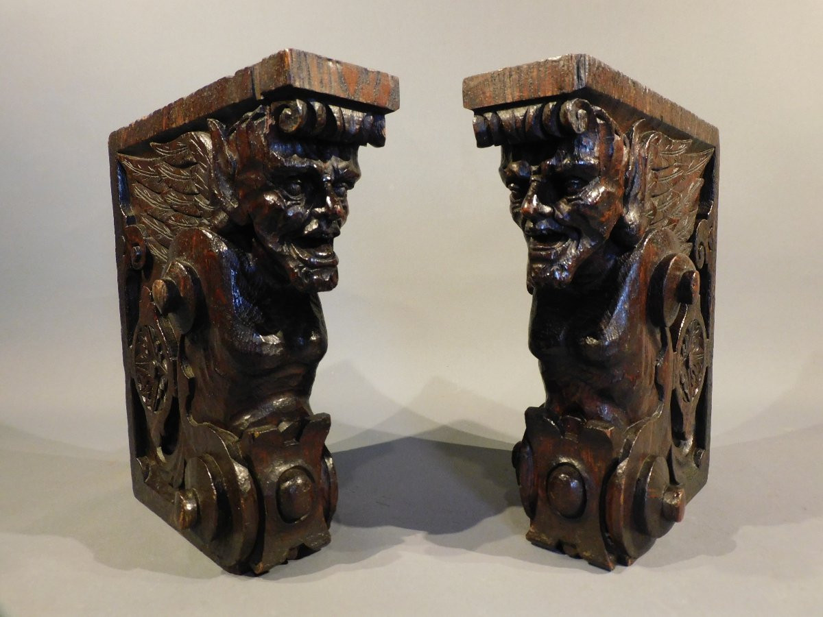 Pair Of Oak Sculptures With Satyr Heads -  19th Century-photo-1