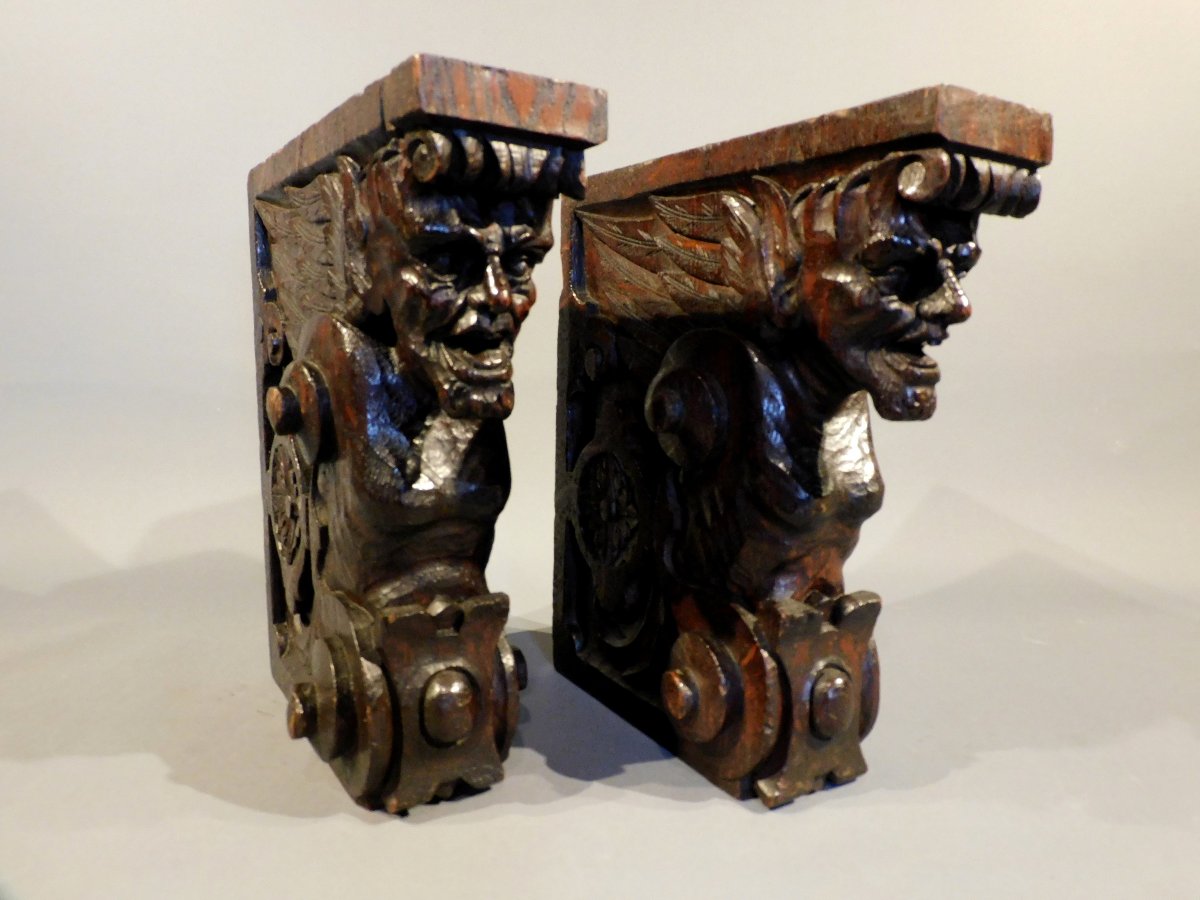 Pair Of Oak Sculptures With Satyr Heads -  19th Century-photo-4