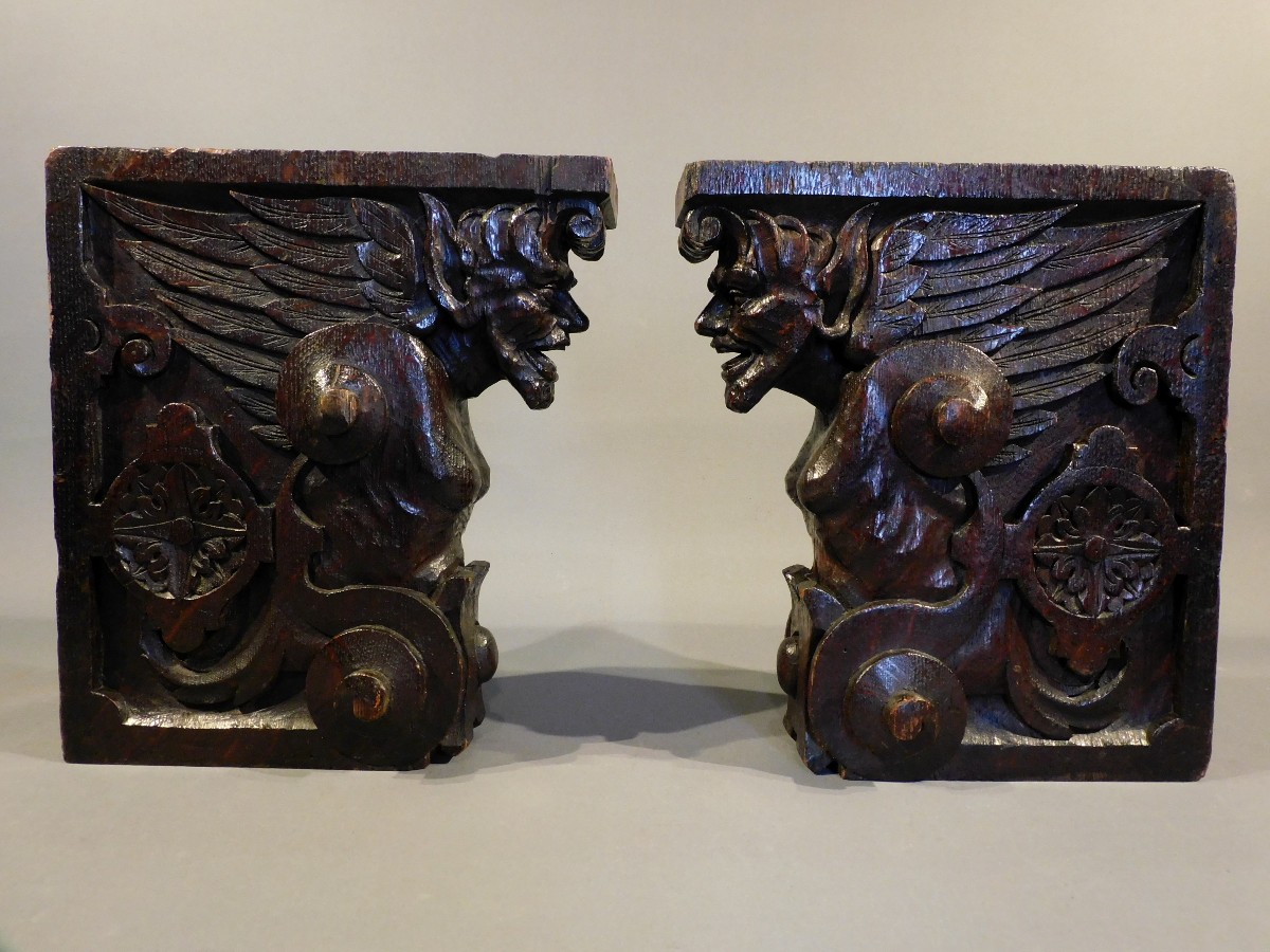 Pair Of Oak Sculptures With Satyr Heads -  19th Century