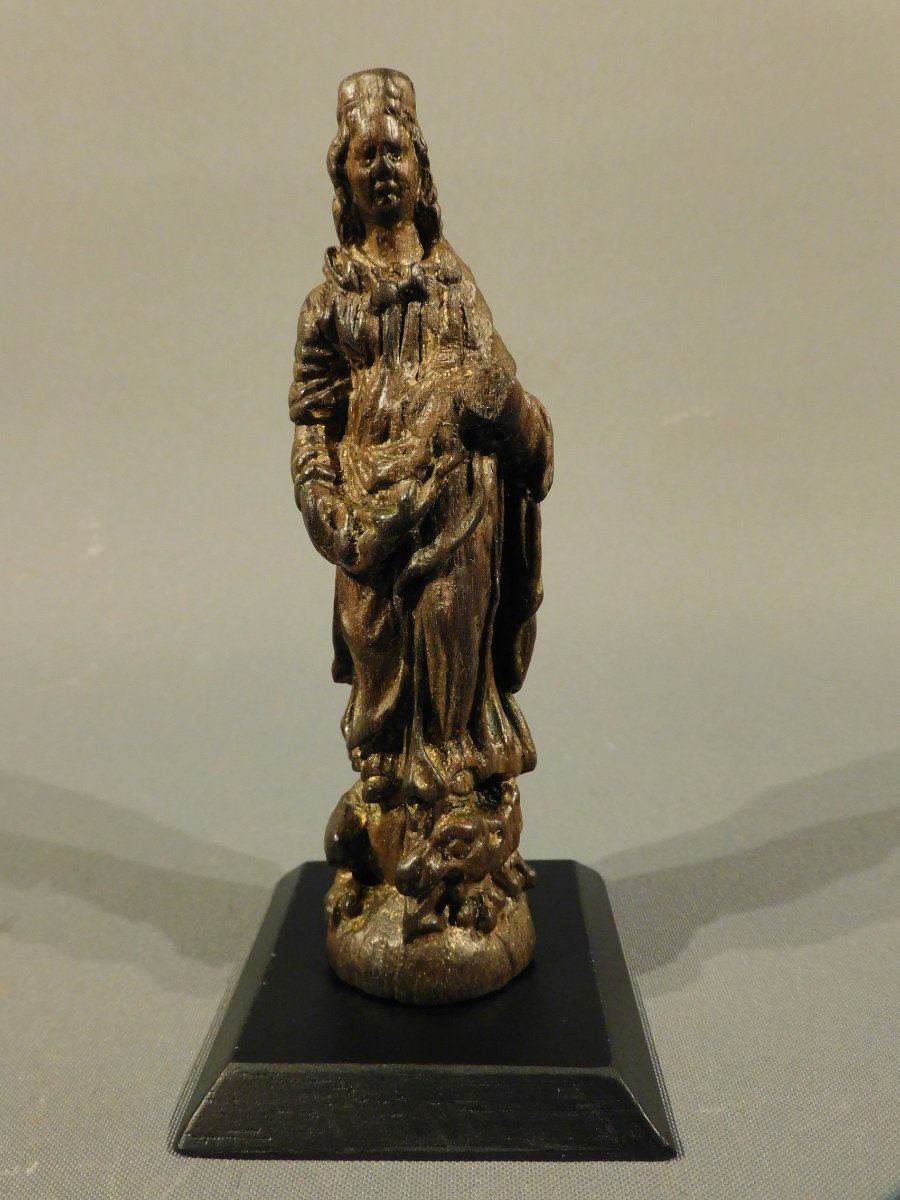  Miniature Virgin Carved  Walnut, Standing On The Devil, 18th Century