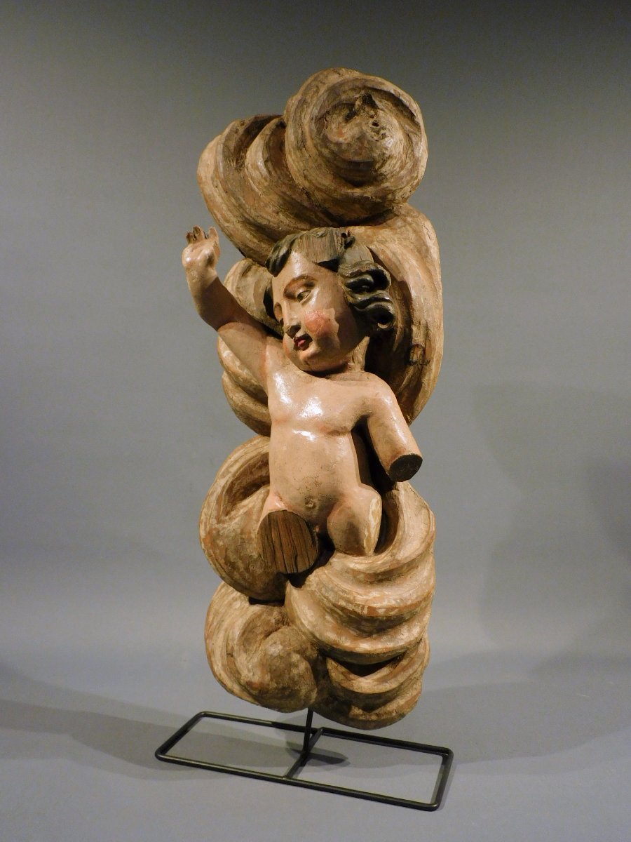 Carved Wooden Putto On A Cloud, 18th Century-photo-2