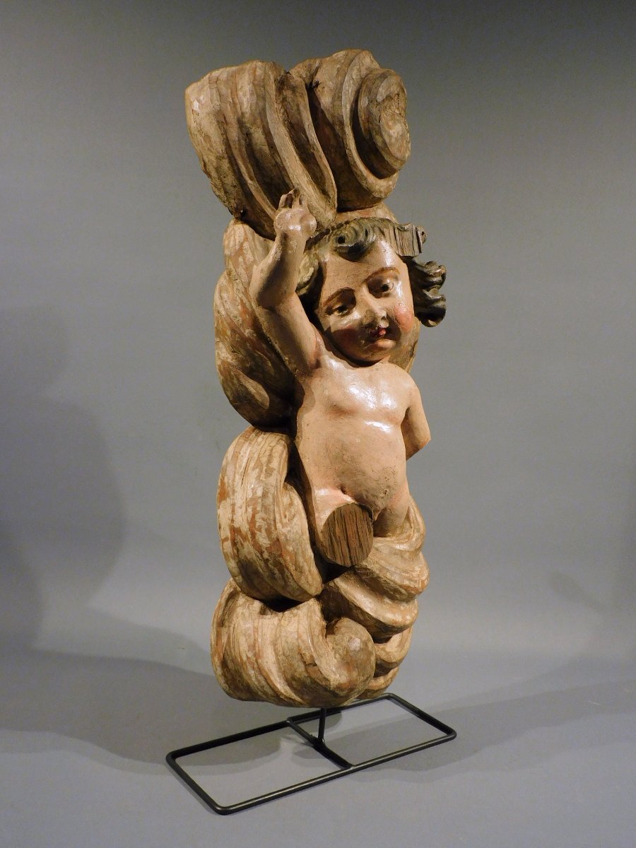 Carved Wooden Putto On A Cloud, 18th Century-photo-3