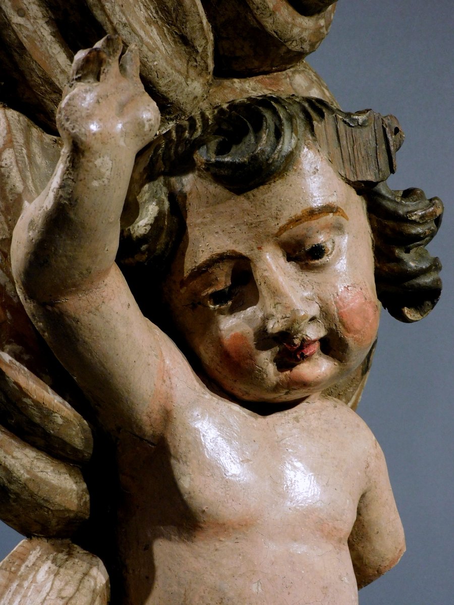 Carved Wooden Putto On A Cloud, 18th Century-photo-1