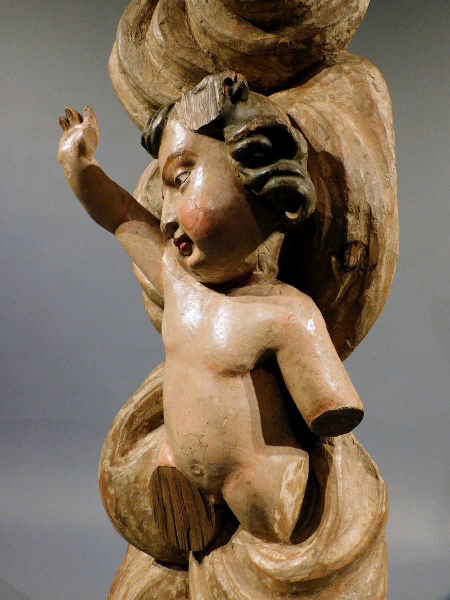 Carved Wooden Putto On A Cloud, 18th Century-photo-2