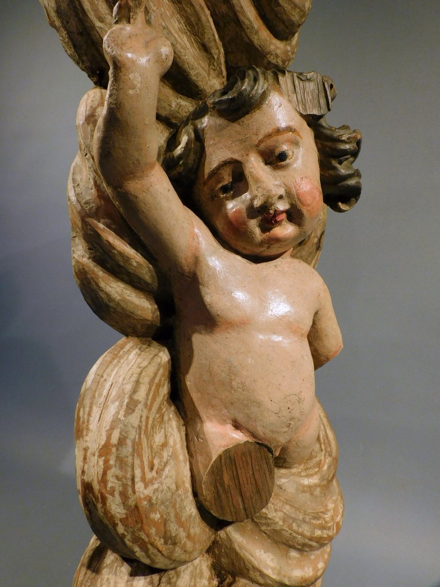 Carved Wooden Putto On A Cloud, 18th Century-photo-3