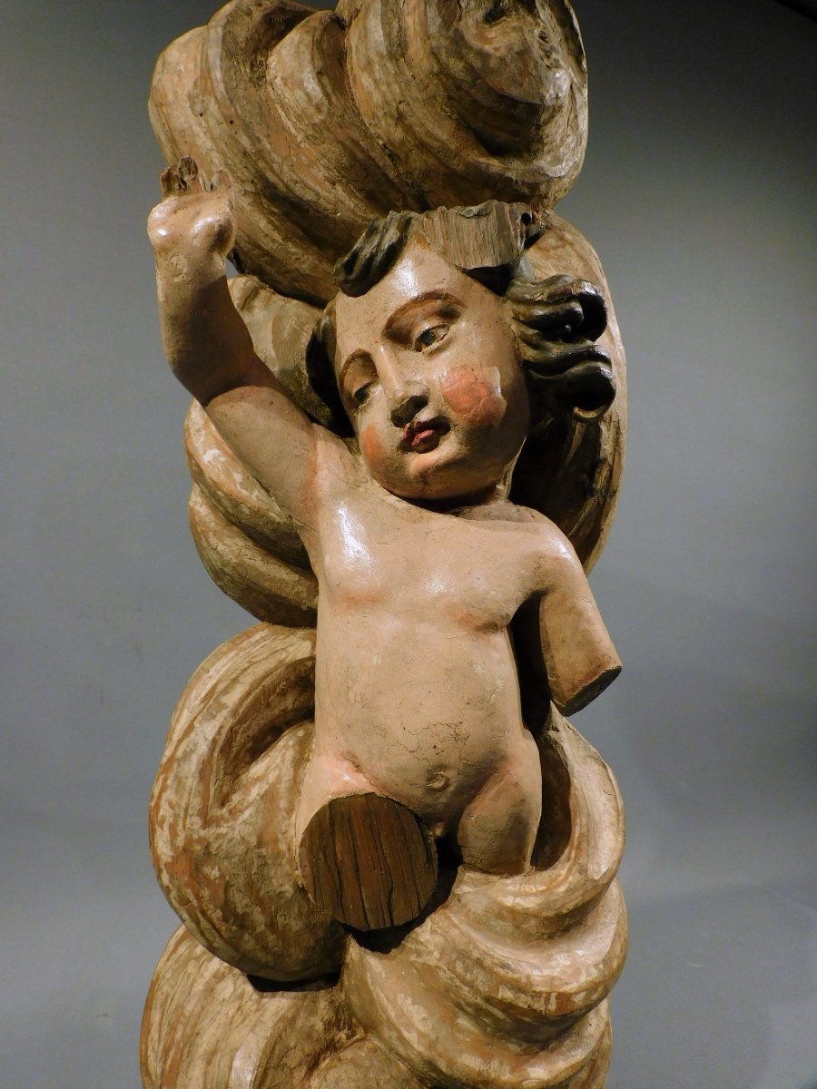 Carved Wooden Putto On A Cloud, 18th Century-photo-6
