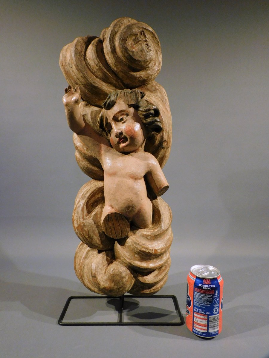 Carved Wooden Putto On A Cloud, 18th Century-photo-8
