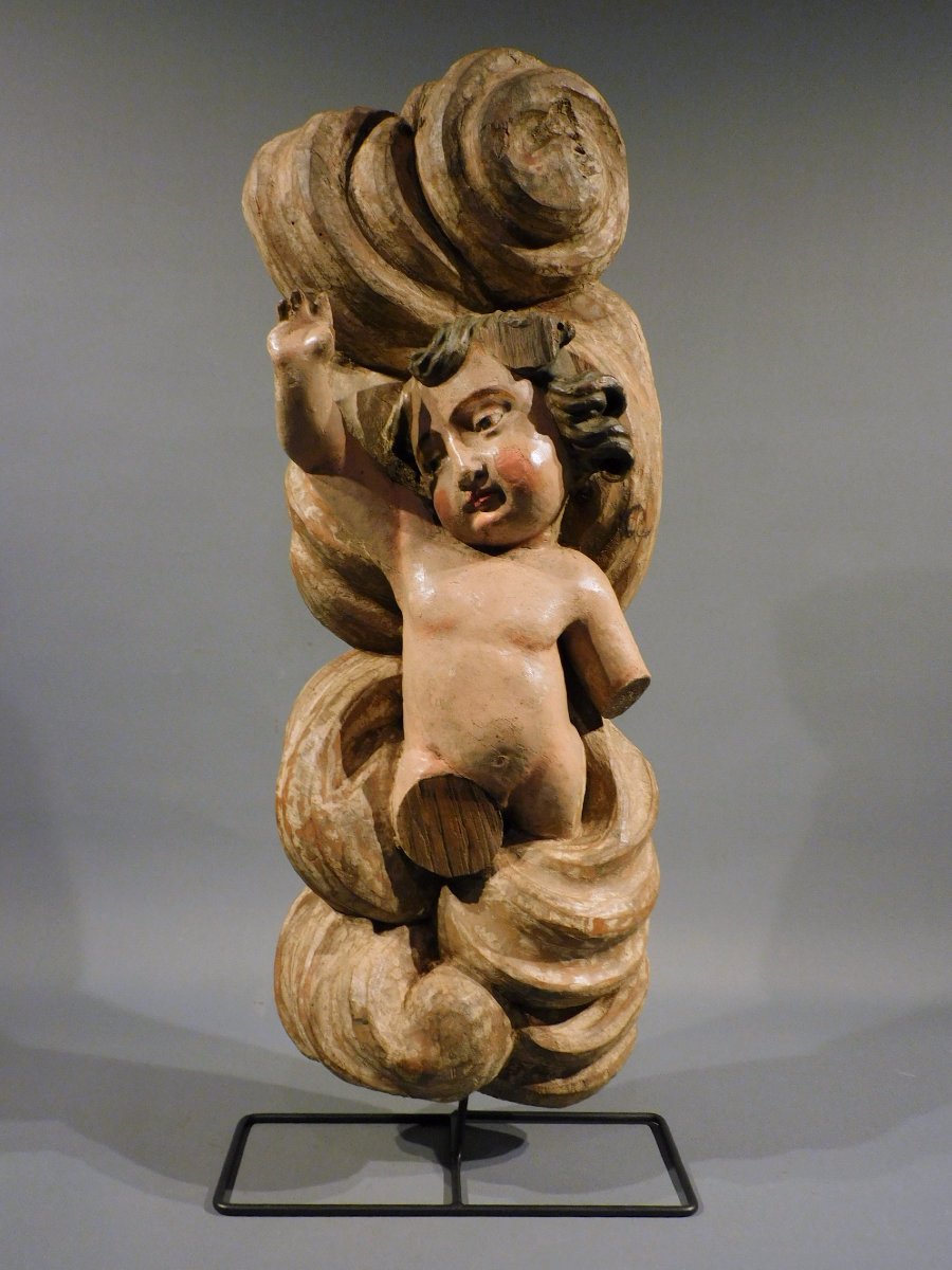 Carved Wooden Putto On A Cloud, 18th Century
