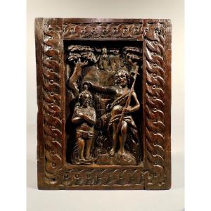Carved Wooden Panel 17th Century Baptism Of Christ Haute Epoque