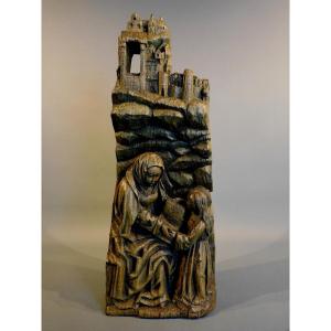 Oak  Fragment Of A Altarpiece From The 16th Century, Haute Epoque - Virgin - Saint Anne