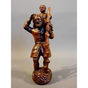 18th-century Boxwood Sculpture Of Saint Christopher