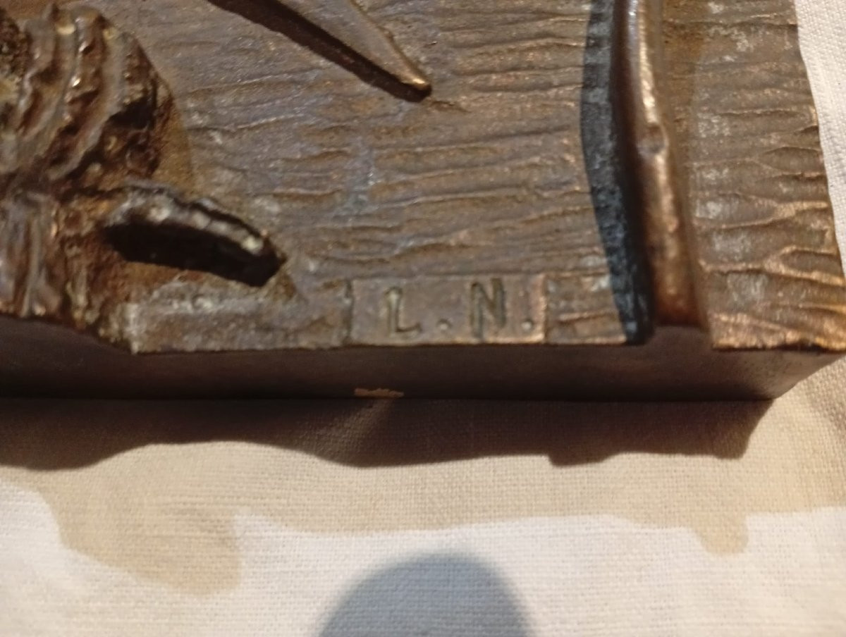 Decorative Bronze Plaque – Stylized Marine Motif – Signed Ln-photo-3