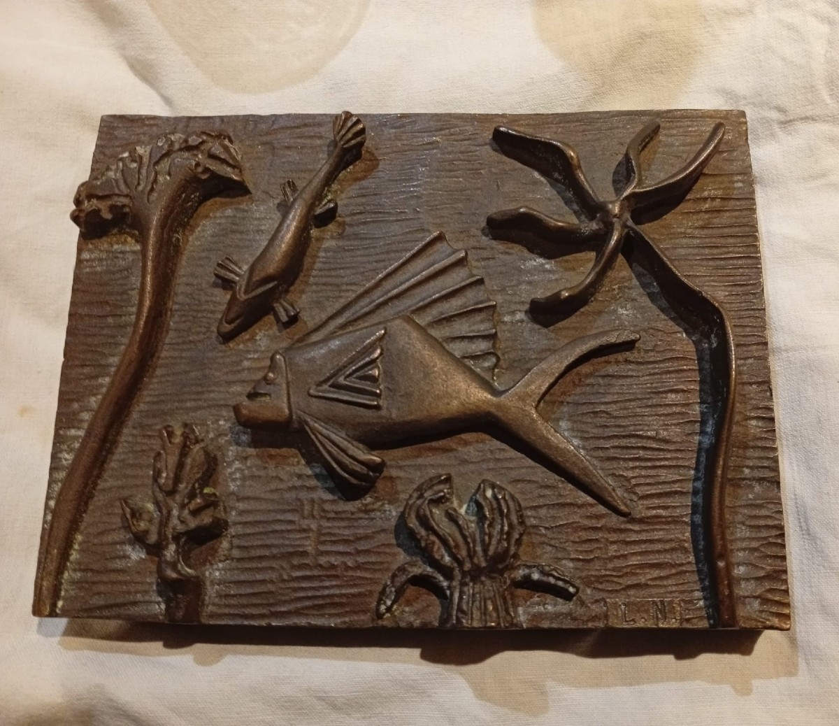 Decorative Bronze Plaque – Stylized Marine Motif – Signed Ln