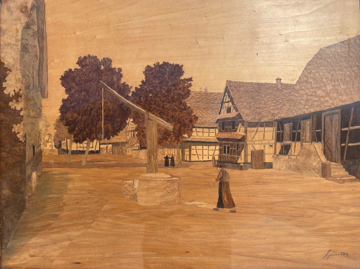 Charles Spindler - Alsatian Village Marquetry Panel-photo-3