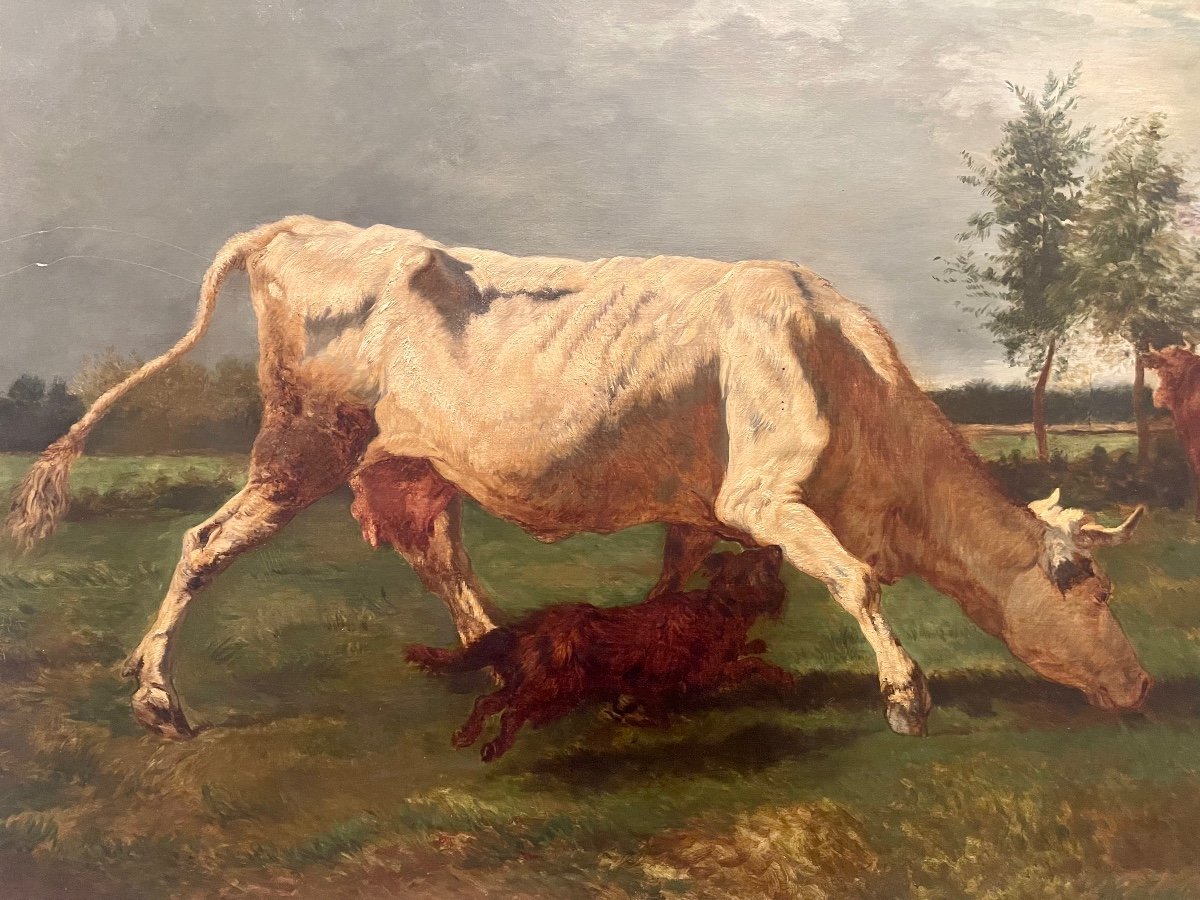 Constant Troyon - Oil On Canvas, Cows And Dog In The Meadow-photo-3