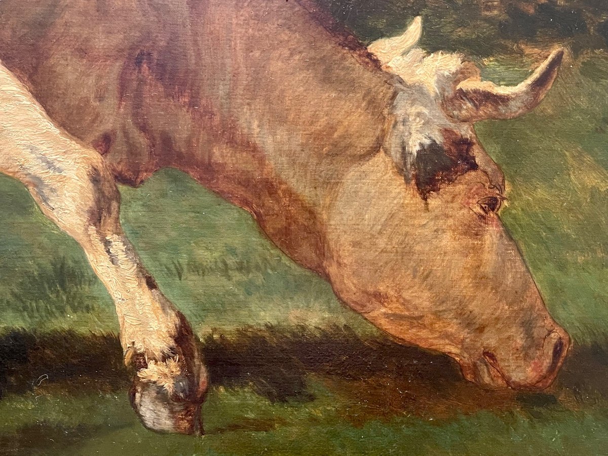Constant Troyon - Oil On Canvas, Cows And Dog In The Meadow-photo-4