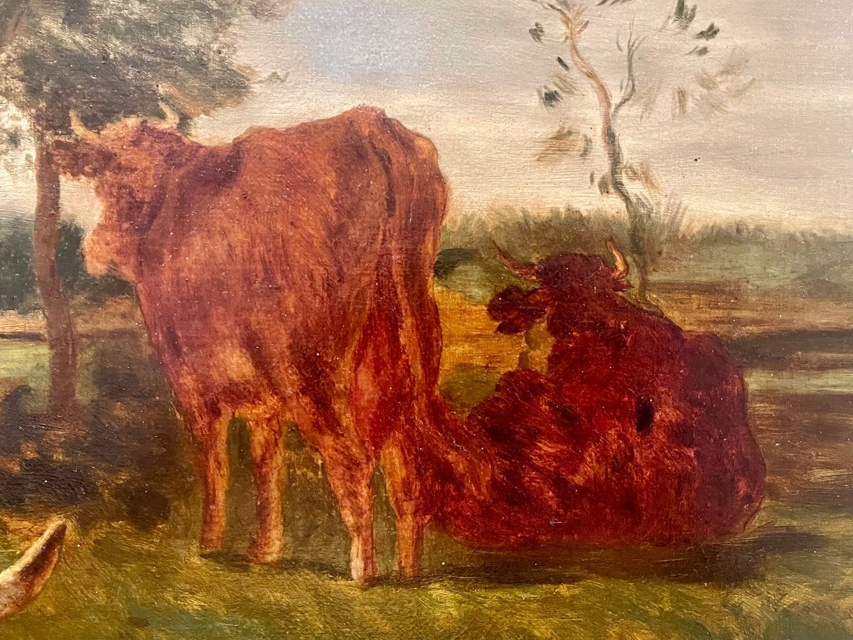 Constant Troyon - Oil On Canvas, Cows And Dog In The Meadow-photo-5