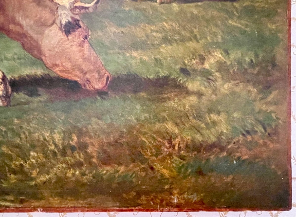 Constant Troyon - Oil On Canvas, Cows And Dog In The Meadow-photo-6