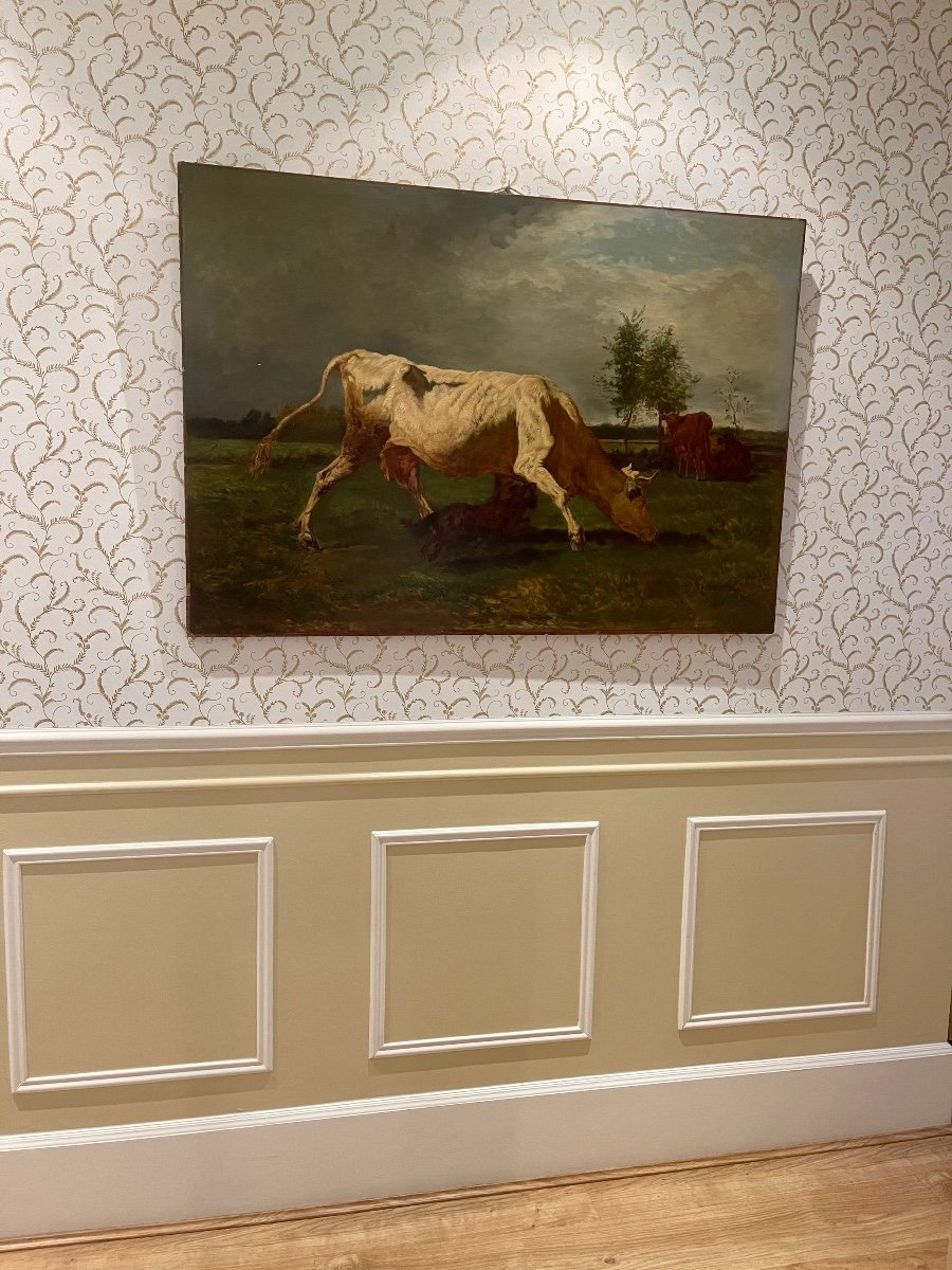 Constant Troyon - Oil On Canvas, Cows And Dog In The Meadow-photo-8