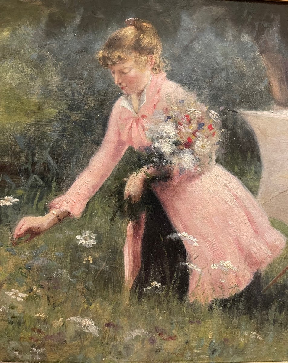 Henri BÉNARD - Jeune Femme Cueillant des Fleurs, Huile sur Panneau-photo-3