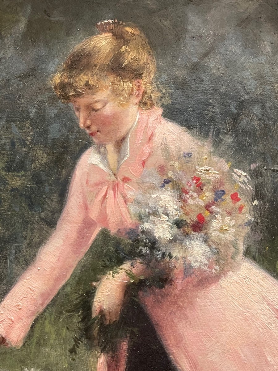 Henri BÉNARD - Jeune Femme Cueillant des Fleurs, Huile sur Panneau-photo-4