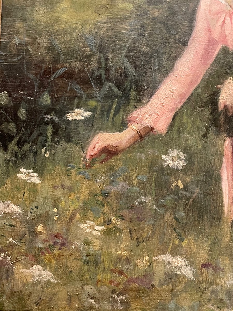 Henri BÉNARD - Jeune Femme Cueillant des Fleurs, Huile sur Panneau-photo-1