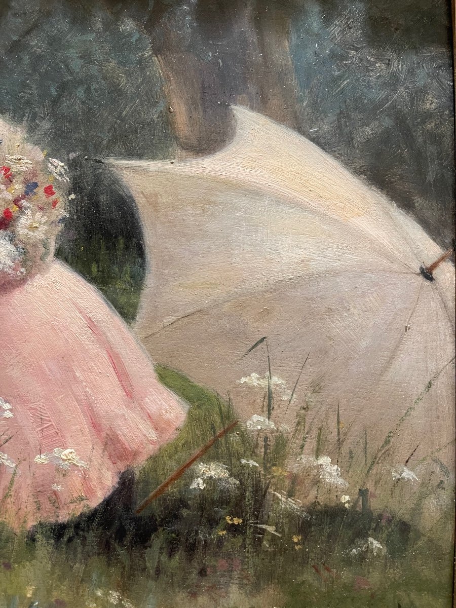 Henri BÉNARD - Jeune Femme Cueillant des Fleurs, Huile sur Panneau-photo-2